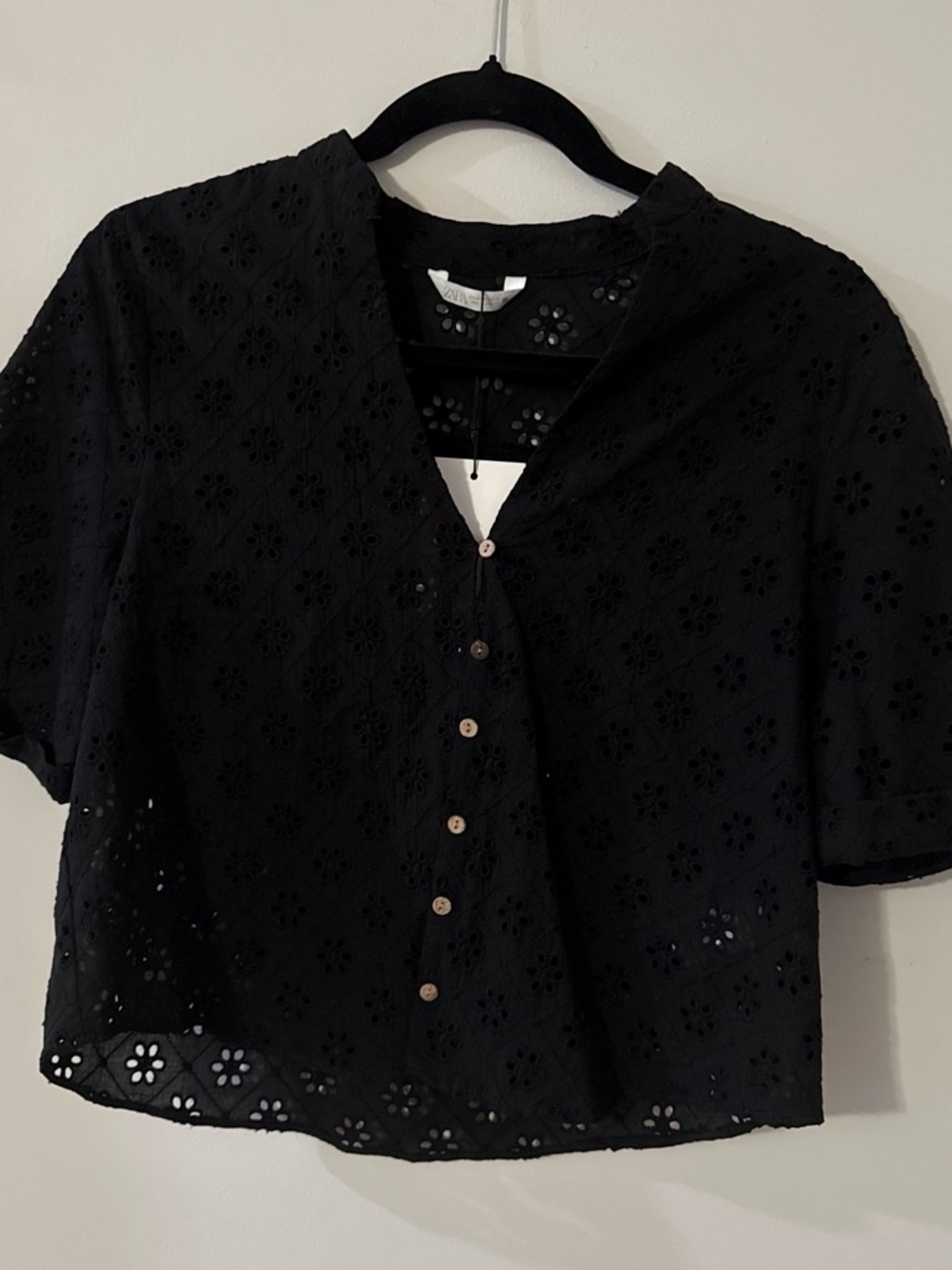 Zara Black Eyelet Button-Front Cropped Blouse